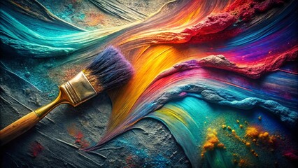 Fototapeta premium A symphony of colors in a vibrant dance, a paintbrush resting on a canvas of swirling hues, a masterpiece in progress.