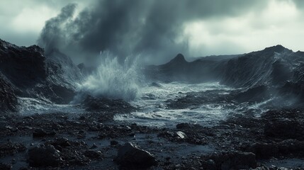 Waves and wind collide, sending sprays of sea against rocky ground in a powerful display.