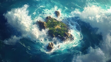 Waves strike with fury against a small island in the ocean.