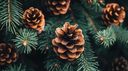 A close-up of a pine branch reveals multiple pine cones nestled against the soft, pointed needles.