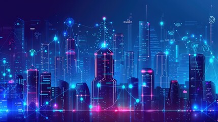 Obraz premium Futuristic Smart City Skyline with Digital Network