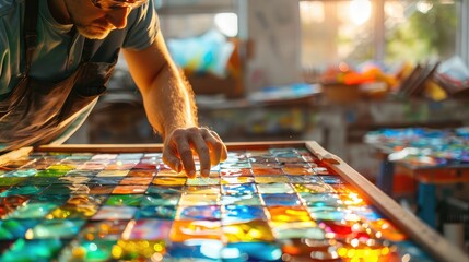 Obraz premium Craftsman Creating Vibrant Stained Glass Artwork in Sunlit Studio