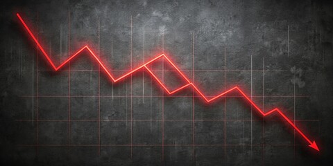 Obraz premium A stark red line descending on a gridded, textured background, representing a decline or downturn