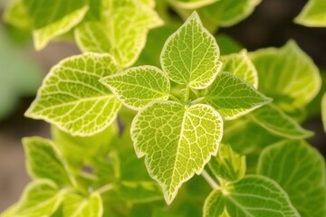 Close-up of vibrant green leaves with intricate patterns.