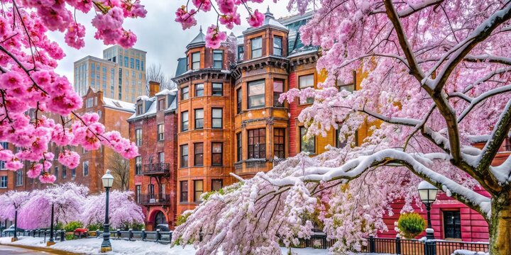 Pink weeping cherries bloom amidst a Boston spring snow, a picturesque architectural scene.