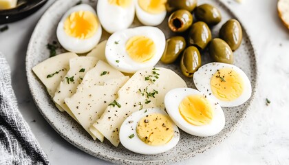 Simple yet Satisfying: A  plate of hard-boiled eggs, cheese slices, and green olives offers a delectable and healthy breakfast or snack option.  The image is styled for a clean and inviting feel.