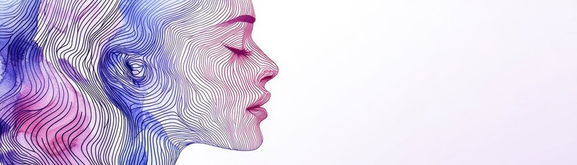 Obraz premium A stylized profile of a woman, featuring intricate line art and a blend of purple and pink hues, creating an ethereal, artistic effect.