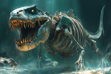 A detailed dinosaur skeleton in a misty underwater setting, showcasing prehistoric life.