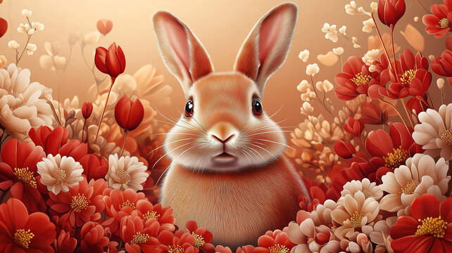 Rabbit-themed Chinese New Year template with floral background and celebration motifs