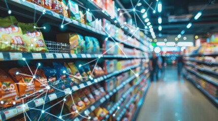 Naklejka premium Supermarket Aisle with Futuristic Digital Network Overlay