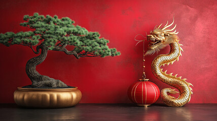 Fototapeta premium Festive atmosphere for Chinese New Year with red lanterns golden dragon and bonsai tree