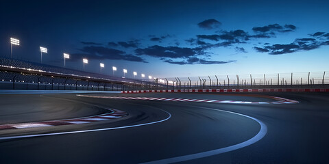 Obraz premium Race Track Curve at Sunset with Stadium Lights