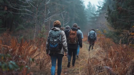 Group Hiking through Scenic Forest Trail in Autumn