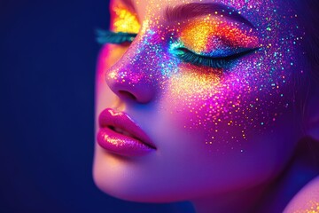 Obraz premium fashion model woman skin face in bright sparkles, colorful neon lights