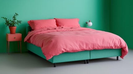 Obraz premium Modern Bedroom Interior Pink Bedding Teal Bed Frame Green Walls
