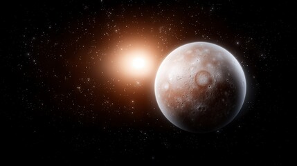 Celestial Body  Cratered Planet Orbiting a Star in Space
