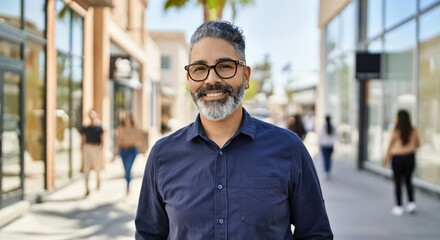 Confident hispanic adult male strolling in urban shopping district on sunny day