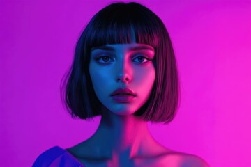 Fototapeta premium fashion model woman skin face in bright sparkles, colorful neon lights