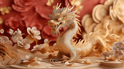 Fototapeta premium Regal gold Chinese dragon statue framed by intricate paper cut designs for festive decor