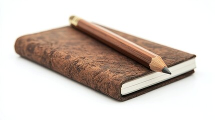 A brown leather bound notebook with a pencil on top, isolated on a white background.