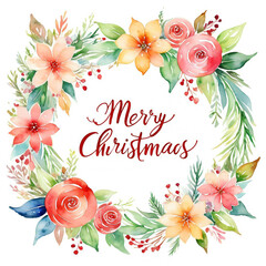 Hypericum berries christmas decor with candle and Variation red ribbon below with round leaf of  Mistletoe watercolor with white background with merry christmas wording1