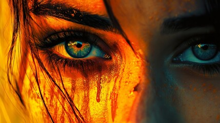 Naklejka premium Fiery Gaze: A Close-Up Portrait of a Woman's Intense Eyes
