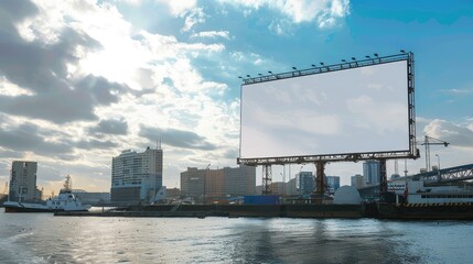 Obraz premium Empty Billboard by the Waterfront with Dramatic Cloudy Sky