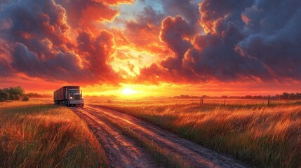 Fototapeta premium A semi-trailer truck drives down a dirt road with golden fields on either side as the sun sets behind dramatic red clouds.
