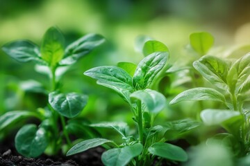 Fresh green spinach plants growing in soil.