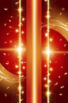 Fondo festivo vertical con luces brillantes, confeti y destellos dorados en tonos c&aacute;lidos
