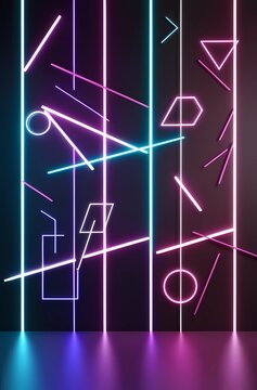 Fondo de ne&oacute;n futurista con formas geom&eacute;tricas y l&iacute;neas brillantes en tonos p&uacute;rpura y azul