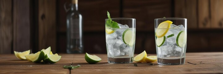 Fototapeta premium A chilled glass of gin filled with ice and topped with sliced cucumber and a squeeze of fresh lemon juice placed in front of a rustic wooden table , rustic wooden table, garden, summer