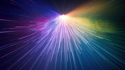 Fototapeta premium Radiant Burst of Light Emanating from Central Point, Spectrum of Colors from Purples, Blues, Greens to Yellows, Intense Glow Against Pitch Black Background, Ethereal and Dreamy Atmosphere, Wonder and 