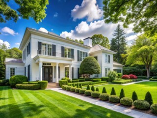 Obraz premium Modern White House Exterior, Green Landscape, Architectural Photography, Contemporary Home Design