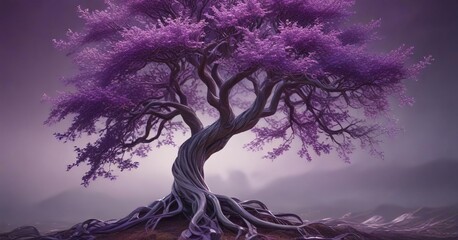 Fototapeta premium A majestic abstract tree featuring a medley of long, flowing ribbons in shades of purple and silver, natural beauty, luxurious textures