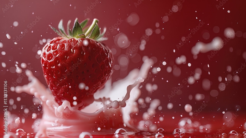 Aufkleber one strawberry falling the surface of the yogurt wall with splash on red gradient background.