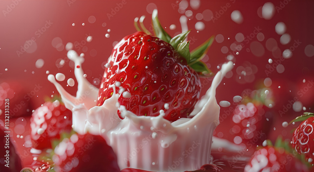 Poster one strawberry falling the surface of the yogurt wall with splash on red gradient background.