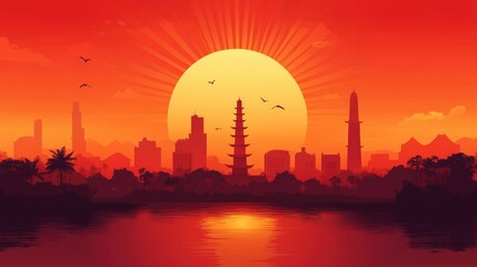 Obraz premium Captivating Sunset Over Urban Skyline with Majestic Colors Creating a Dreamy Atmosphere, Silhouetting Buildings Against Fiery Orange and Pink Hues