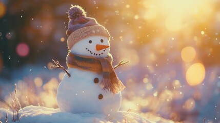 Obraz premium Laughing snowman with a vibrant hat and scarf Laughing snowman in a striped wool scarf and cozy hat Happy snowman with a cozy hat and scarf standing in snow Happy snowman wearing a knitted hat and sca