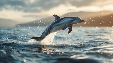 Fototapeta premium Majestic Dolphin Jumping through Crashing Waves at Sunset