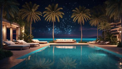 Fototapeta premium Luxurious Tropical Resort Pool at Night