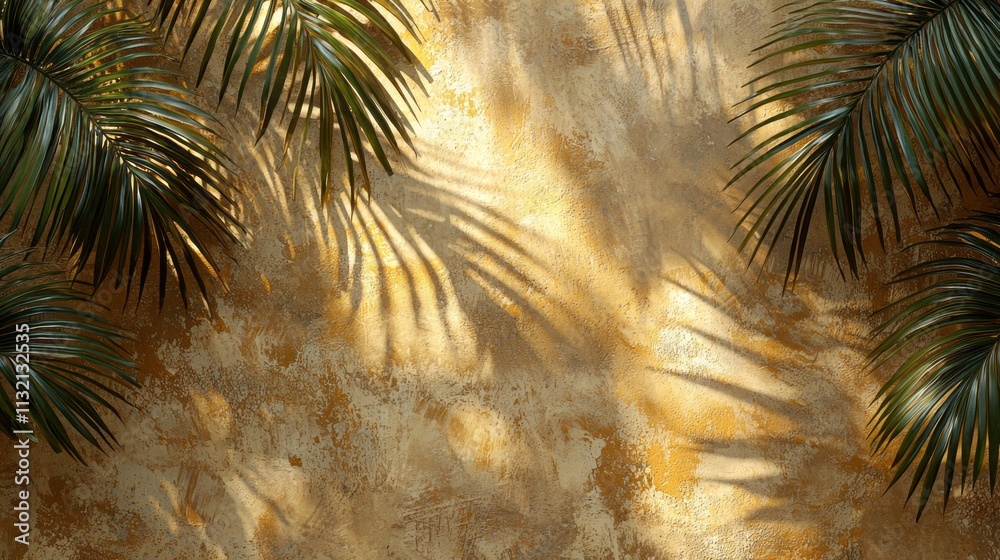 Poster Sunlight filters through lush palm leaves, creating an intricate pattern of shadows on a warm, textured wall. This moment captures the serenity of a tranquil tropical setting