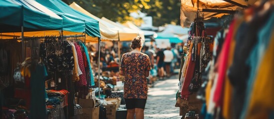 Bustling flea market with people shopping for secondhand goods, colorful tents