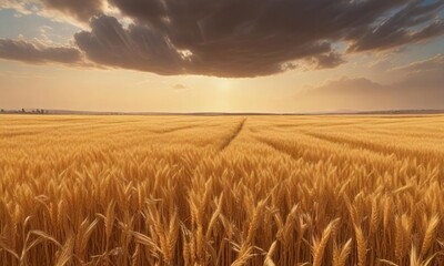 Naklejka premium A panoramic view of a vast expanse of golden wheat fields stretching out as far as the eye can see , crops, nature