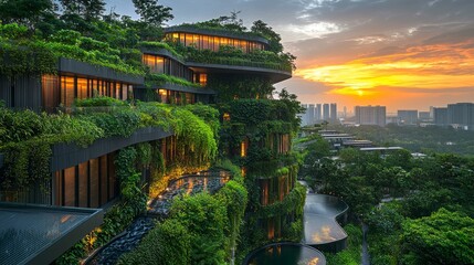 Fototapeta premium As the sun sets behind a cityscape, a stunning urban park showcases terraced buildings adorned with vibrant vertical gardens, blending nature and architecture harmoniously