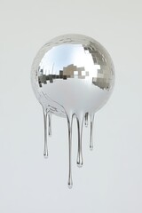 A giant floating disco ball melting and dripping melted chrome, isolated on a white background with subtle shadows, art work, sculture, weird, surreal, artsy, quirky, disco gone bad, concept