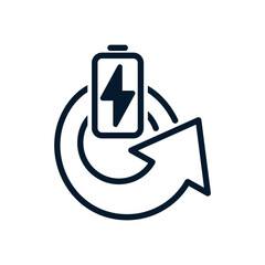 Circled arrow, battery, lightning. Recharge concept. Vector linear icon isolated on white background.