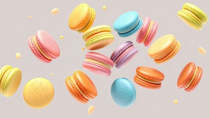 Obraz premium Colorful Macarons Falling: Perfect for Food Blogs, Dessert Menus, and Culinary Art