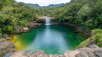 Fototapeta premium Secluded Rainforest Waterfall Lush Greenery Tropical Paradise Hidden Oasis