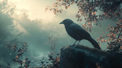 Fototapeta premium Crow in a Misty Forest at Sunrise